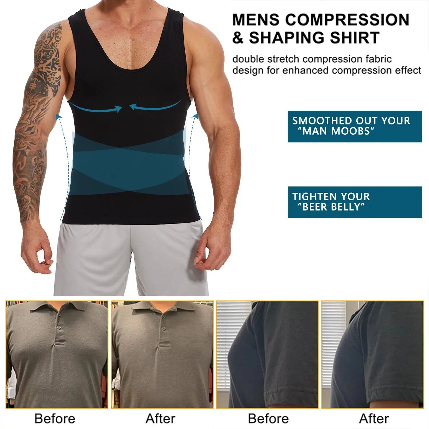 Men's black compression shapewear tank top with tummy control and shaping panels