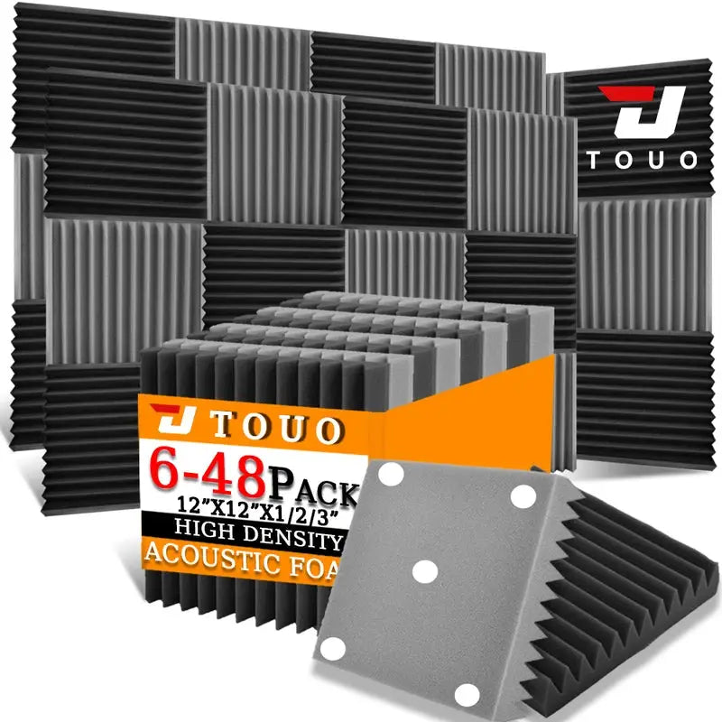 TOUO acoustic foam panels 6-48 pack by Simples Market, black-gray high-density soundproofing tiles for studio walls