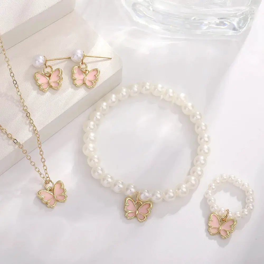 Butterfly Jewelry Set 4 Piece for Women Girls Ring Necklace Bracelet Earrings Simulated Pearl Gold Tone Trendy Cute Gift
