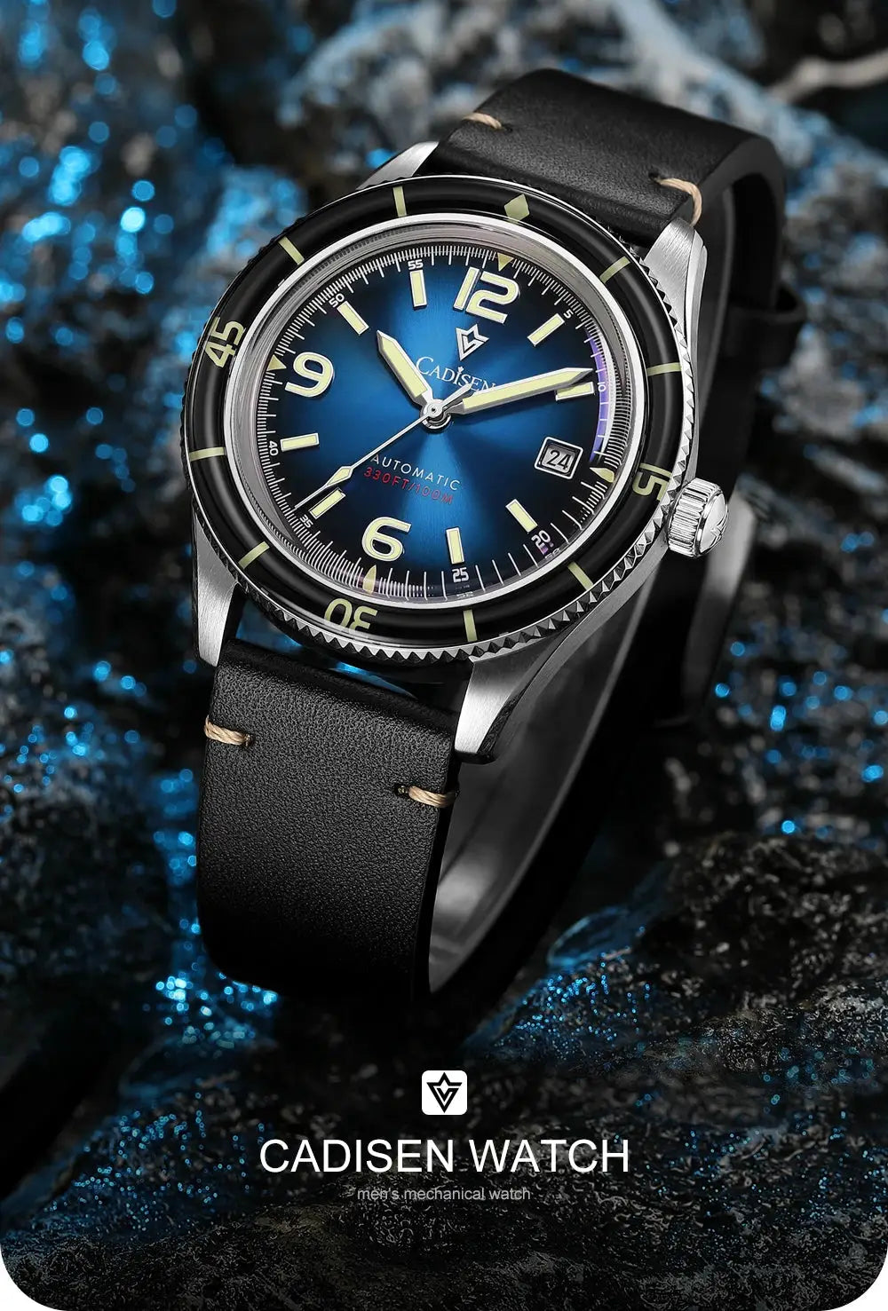 CADISEN WATCH men's mechanical wristwatch with blue dial, luminous hands, black bezel and leather strap