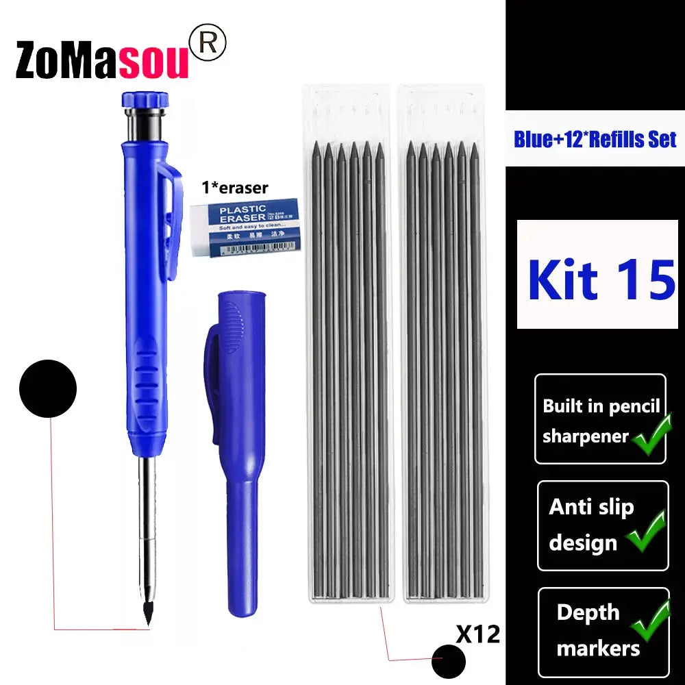 Blue Simples Market carpenter mechanical pencil kit with eraser, 12 refill leads, and built-in sharpener