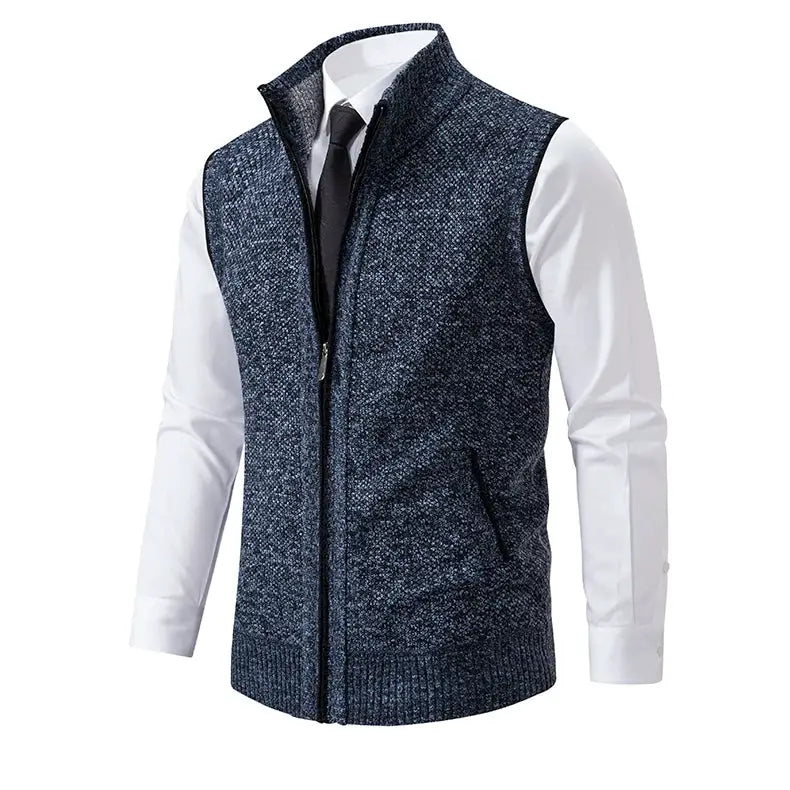 Simples Market men's stand-collar knit vest, navy speckled sleeveless waistcoat with zipper.