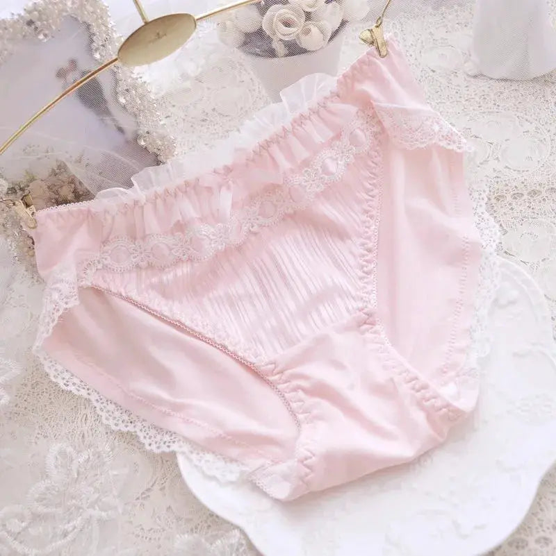 Panties: pink cotton ruffle with lace trim and bow, breathable high-elastic women's underwear