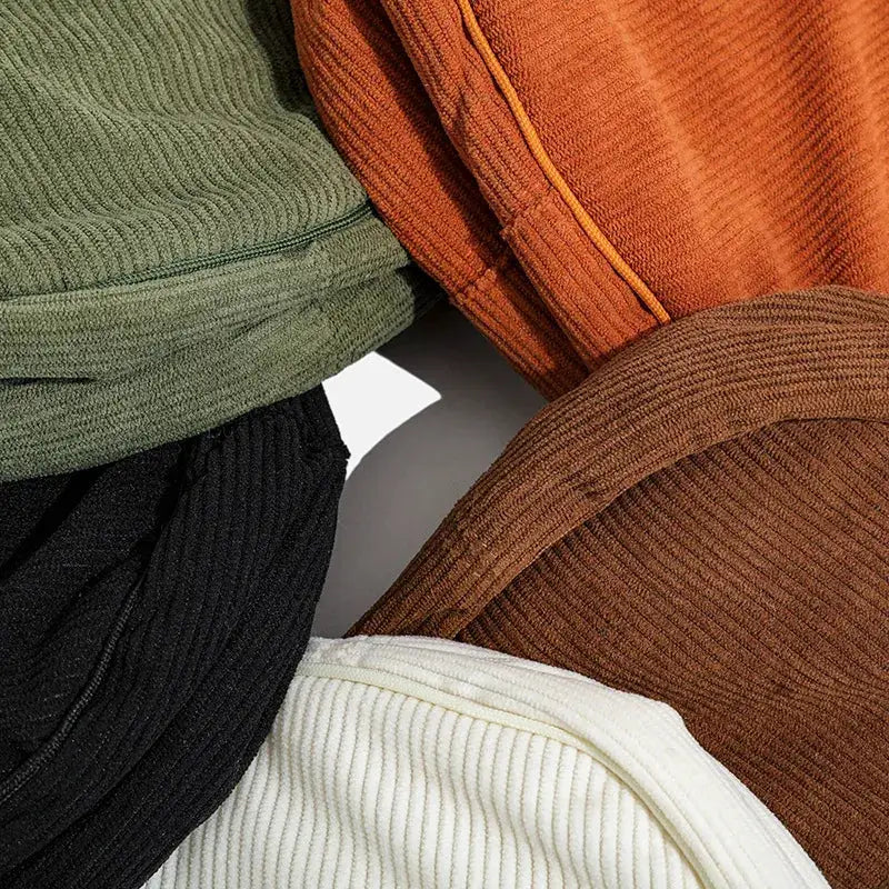 Corduroy fabric swatches in green, orange, brown, black and white; five color options.
