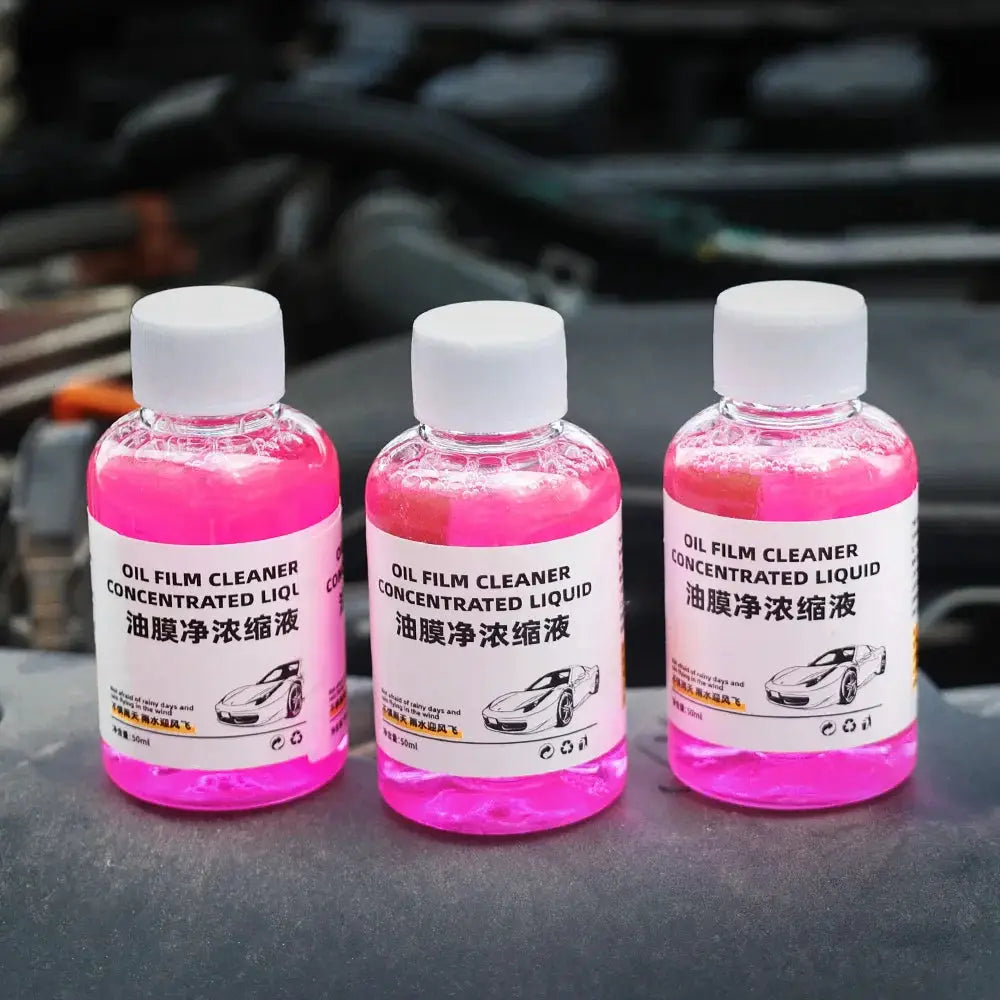 Car glass coating oil film cleaner bottles by Simples Market, pink concentrated liquid, 3-pack for rearview mirrors.
