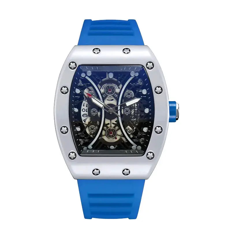 Light Luxury Brand Mens Wine Barrel Dial Quartz Watch with Night Glow and Calendar Durable Silicone Band