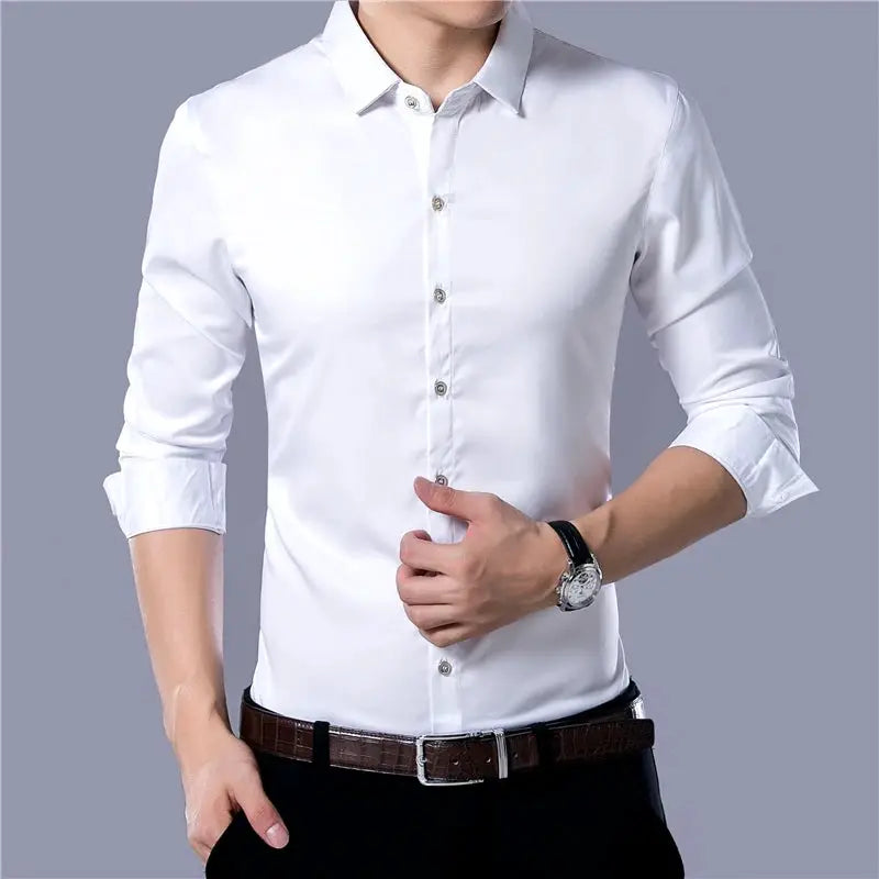 Men's white long-sleeve button-down shirt, casual business style with rolled sleeves
