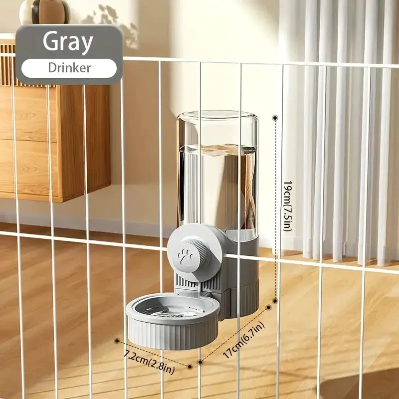 Hanging automatic pet feeder and water dispenser by Simples Market, gray with clear reservoir and attached bowl on gate