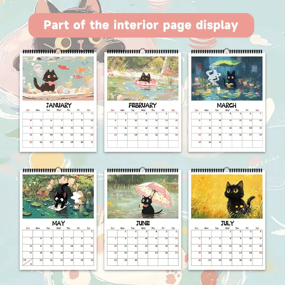 Simples Market 2026 Adorable Healing Black Cat wall calendar, 12 designs, six sample pages shown.