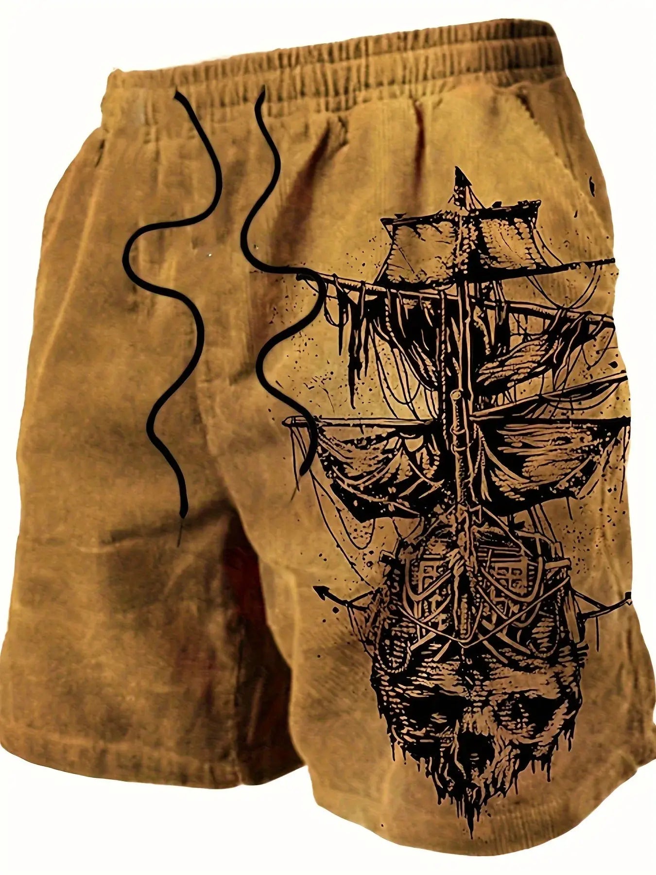 Men's quick-dry swim shorts with pirate skull sailboat print, beige-brown fabric, black drawstring
