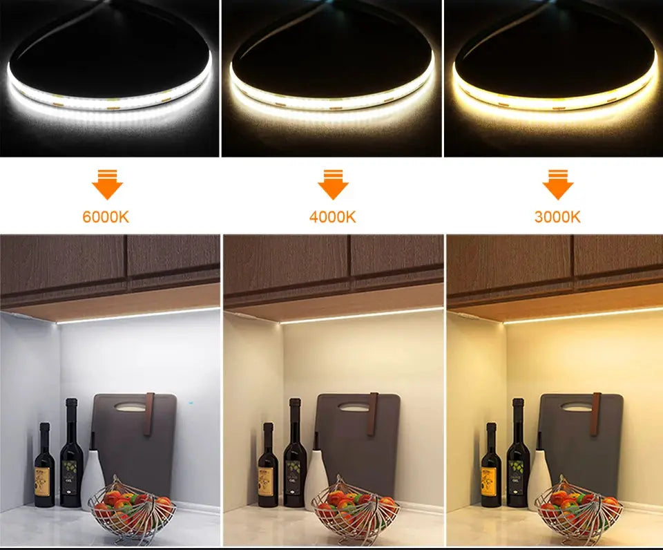 Simples Market Dupont COB/2835SMD LED strip light, high-density DC12V, under-cabinet shelf lighting in 6000K/4000K/3000K