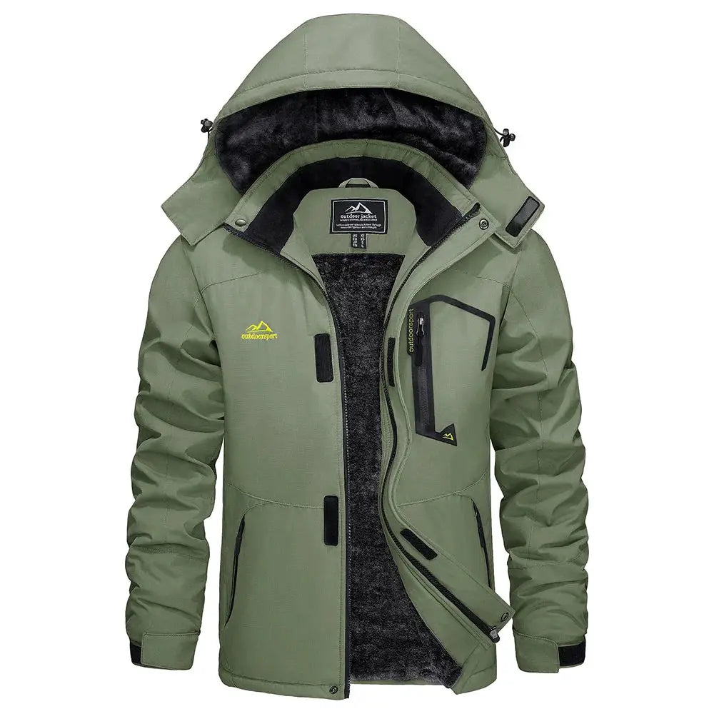 KEFITEVD men's olive-green waterproof winter ski jacket with fleece lining, hood and zip pockets