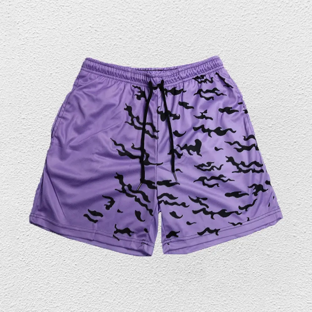 Men's purple anime running shorts with black abstract pattern, quick-dry gym shorts with drawstring
