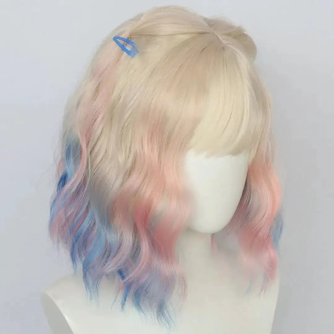 Addams Family Wednesday 2 Enid Sinclair cosplay wig; pastel blonde with pink and blue ombre, wavy with blue clip
