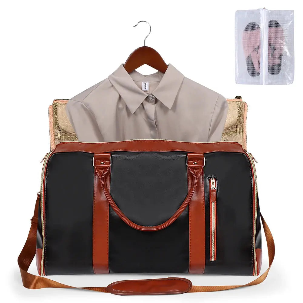 Foldable travel handbag with large capacity, black with brown faux leather trim, shirt inside and a clear pouch