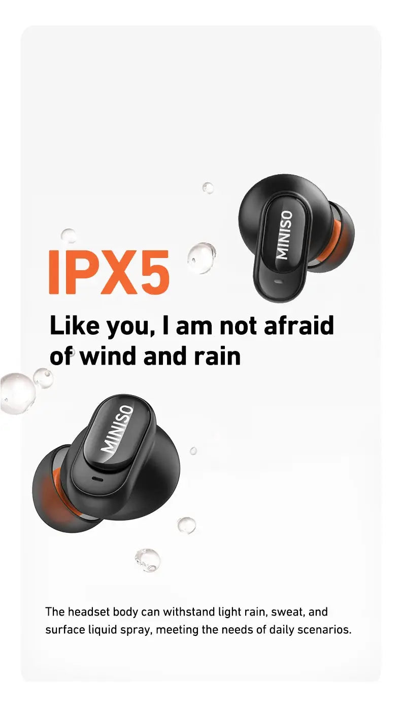 MINISO MS105 Bluetooth in-ear earbuds, black with orange tips, IPX5 waterproof