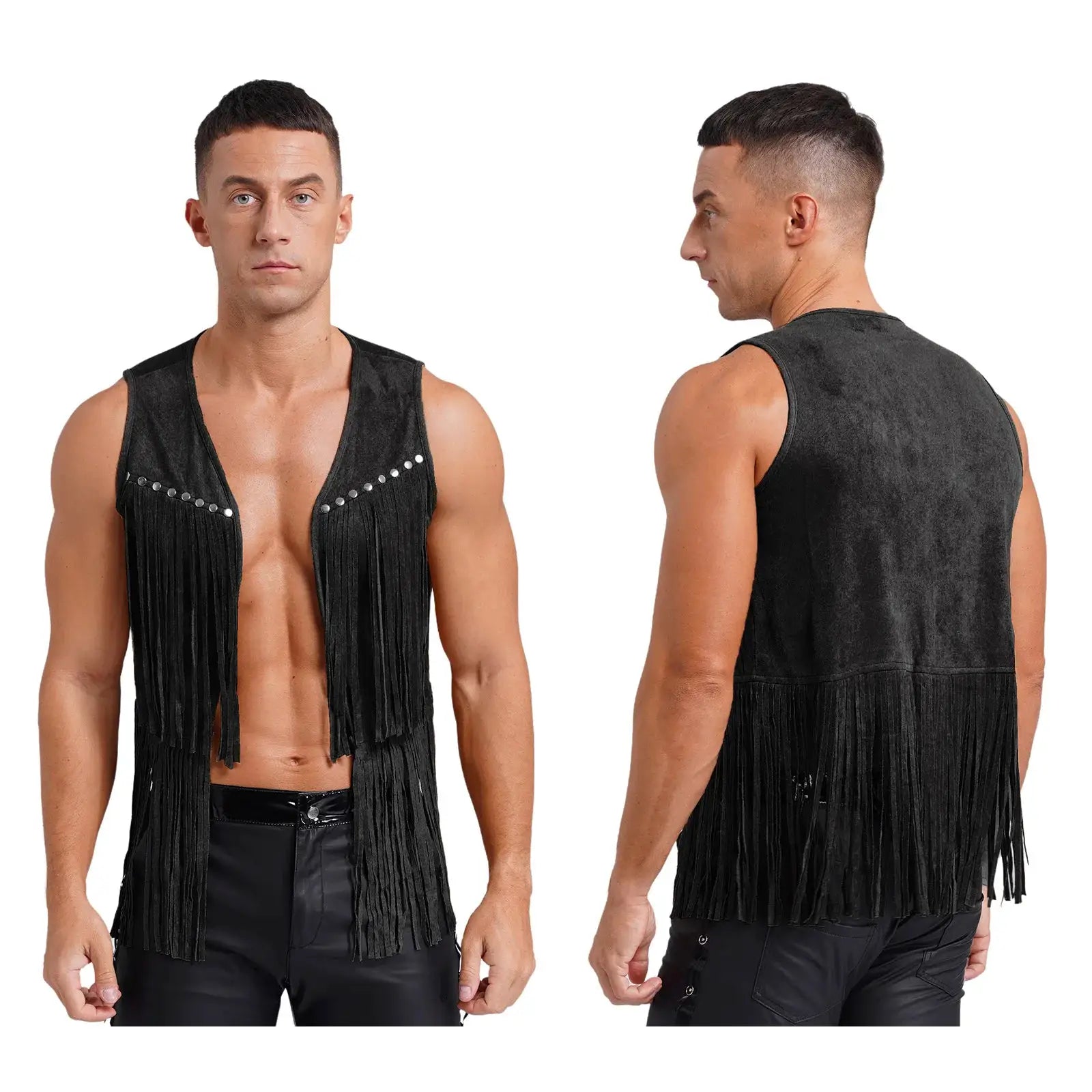 Mens faux suede tassel vest with long fringe and rivet trim, black sleeveless waistcoat, open front
