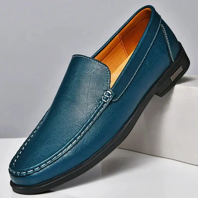 Simples Market leather men's blue slip-on loafer with moccasin stitching and buckle detail