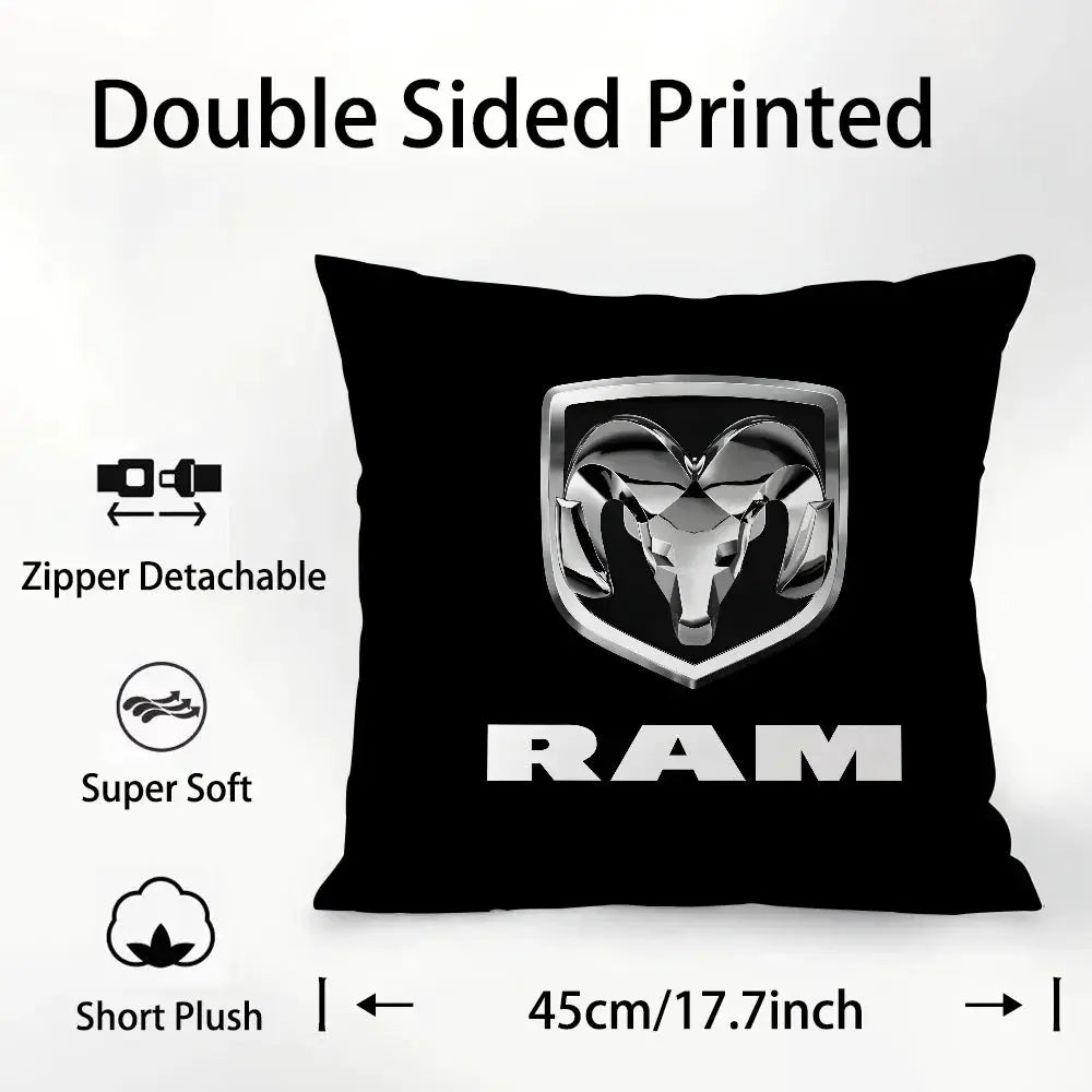 RAM car logo pillow cover, black short plush, double-sided print with chrome ram head logo; zipper detachable, 45cm