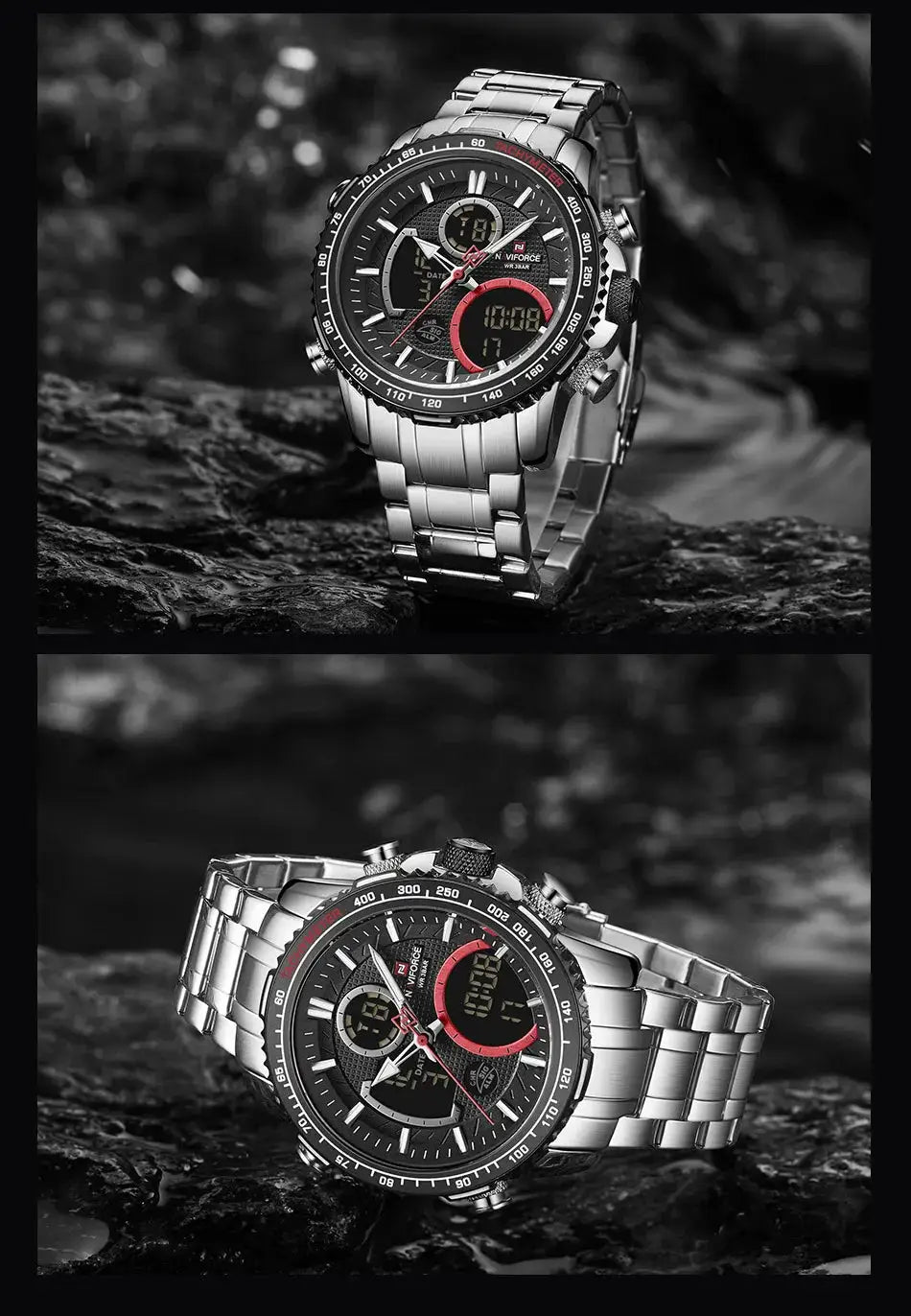 NAVIFORCE men's fashion chronograph watch with stainless steel band, black dial and red accents