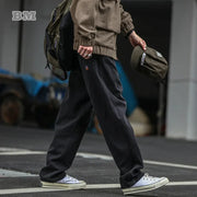 Simples Market cargo pants for men, dark baggy straight-leg trousers with patch detail