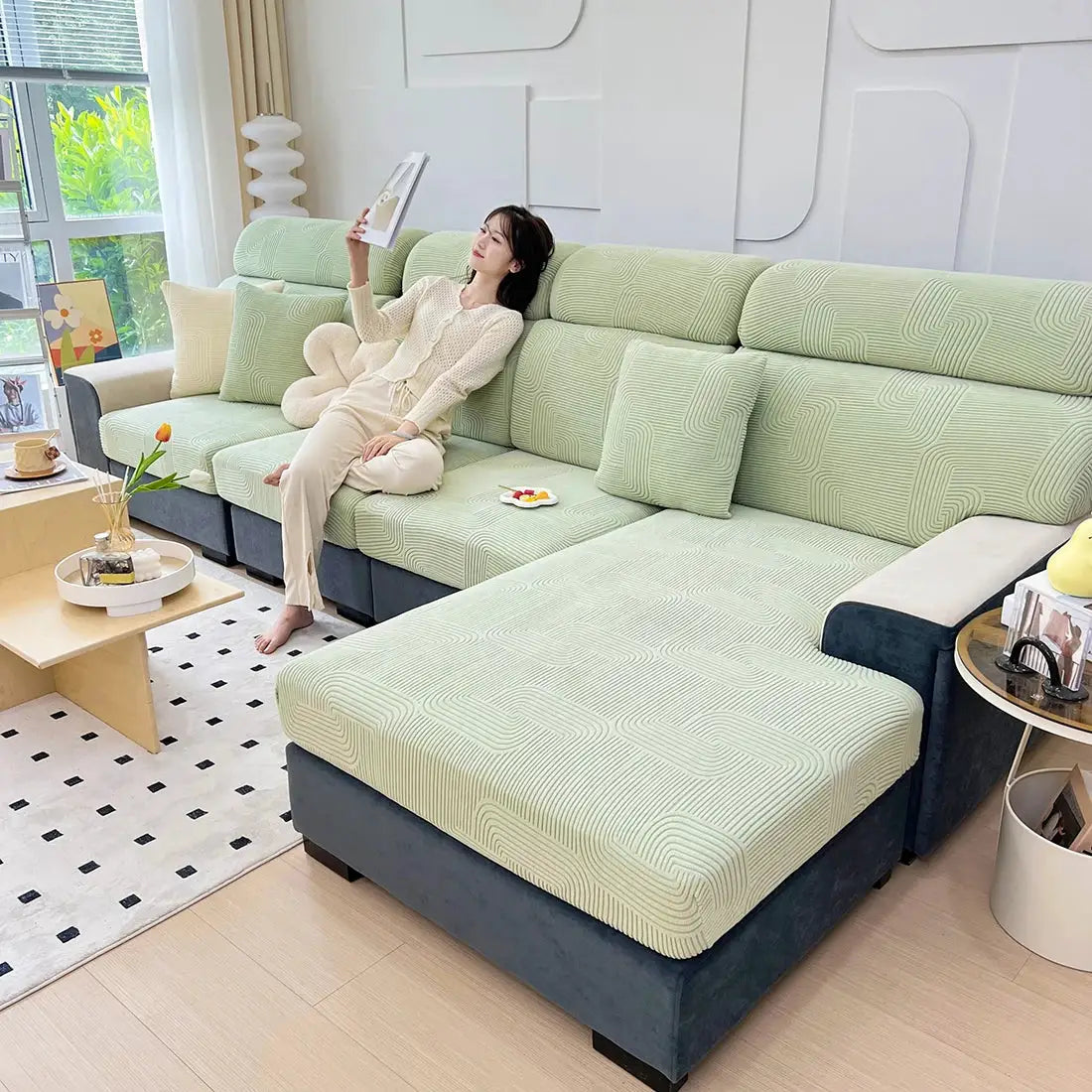 Sofa cushion cover set in light-green jacquard with thick stretch; removable and washable on an L-shaped sectional