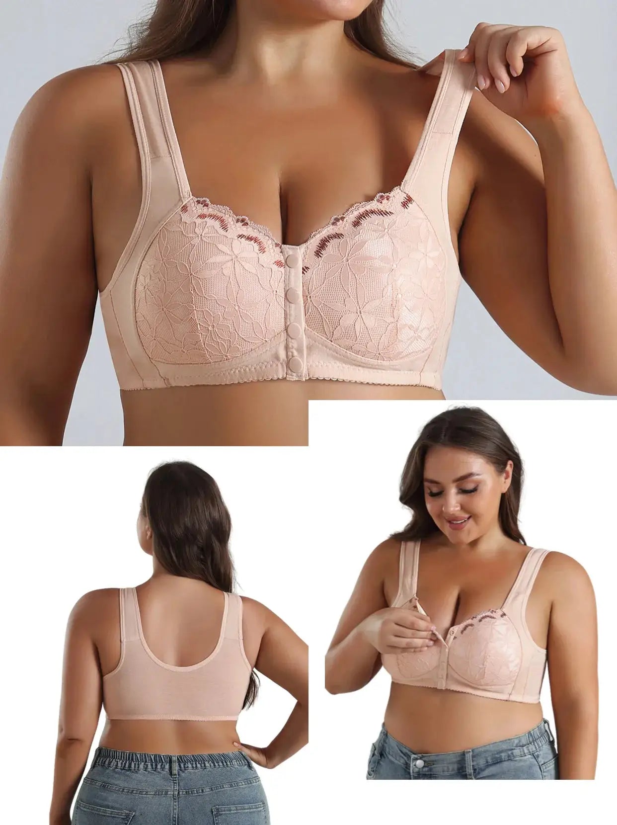 Simples Market nude lace front-buckle wireless bra, no underwire, extra large, soft cotton