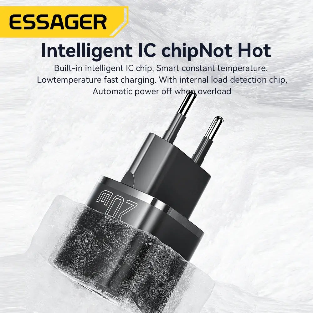 Essager 20W GaN PD USB-C charger with EU two-pin plug, black/gray finish.