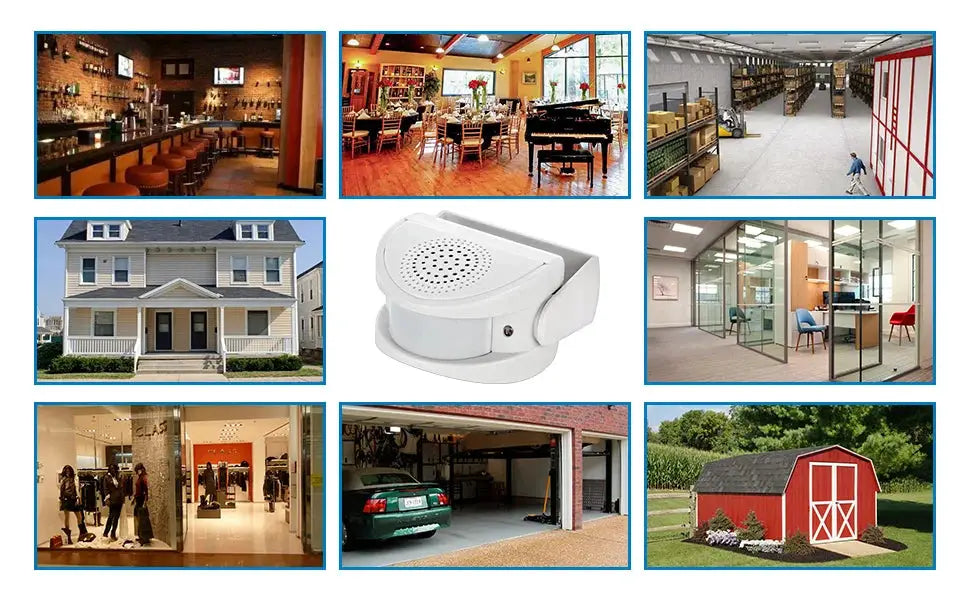FUERS wireless guest welcome doorbell with PIR motion sensor; white unit for shop, office and home security.
