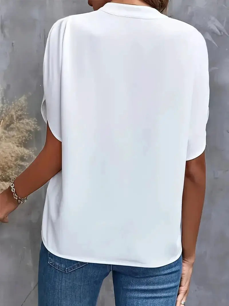 VEITCHE white women's blouse, casual solid, short sleeves, loose pullover top, back view.
