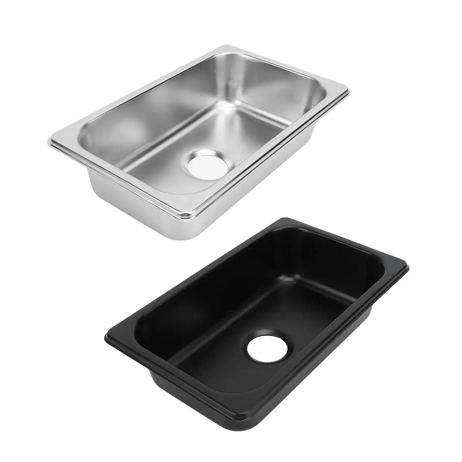 Two rectangular kitchen sinks: stainless steel and black, with round drain holes.
