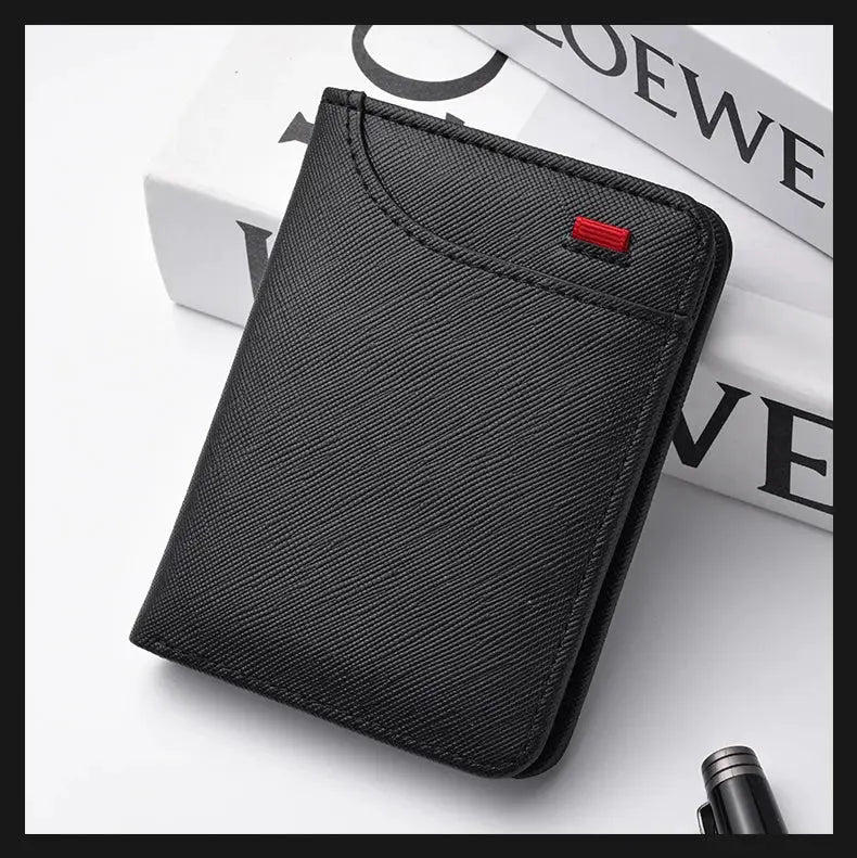 Men's vertical card wallet in black textured material with red stitching accent, Simples Market