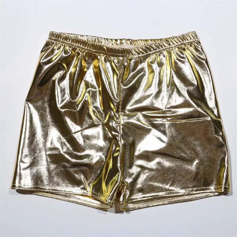 Women’s silver metallic PU yoga shorts with mid-rise waistband