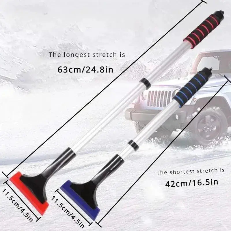Extendable aluminum snow brush ice scraper for car windshield; Simples Market, red and blue dual heads, 63 cm reach.