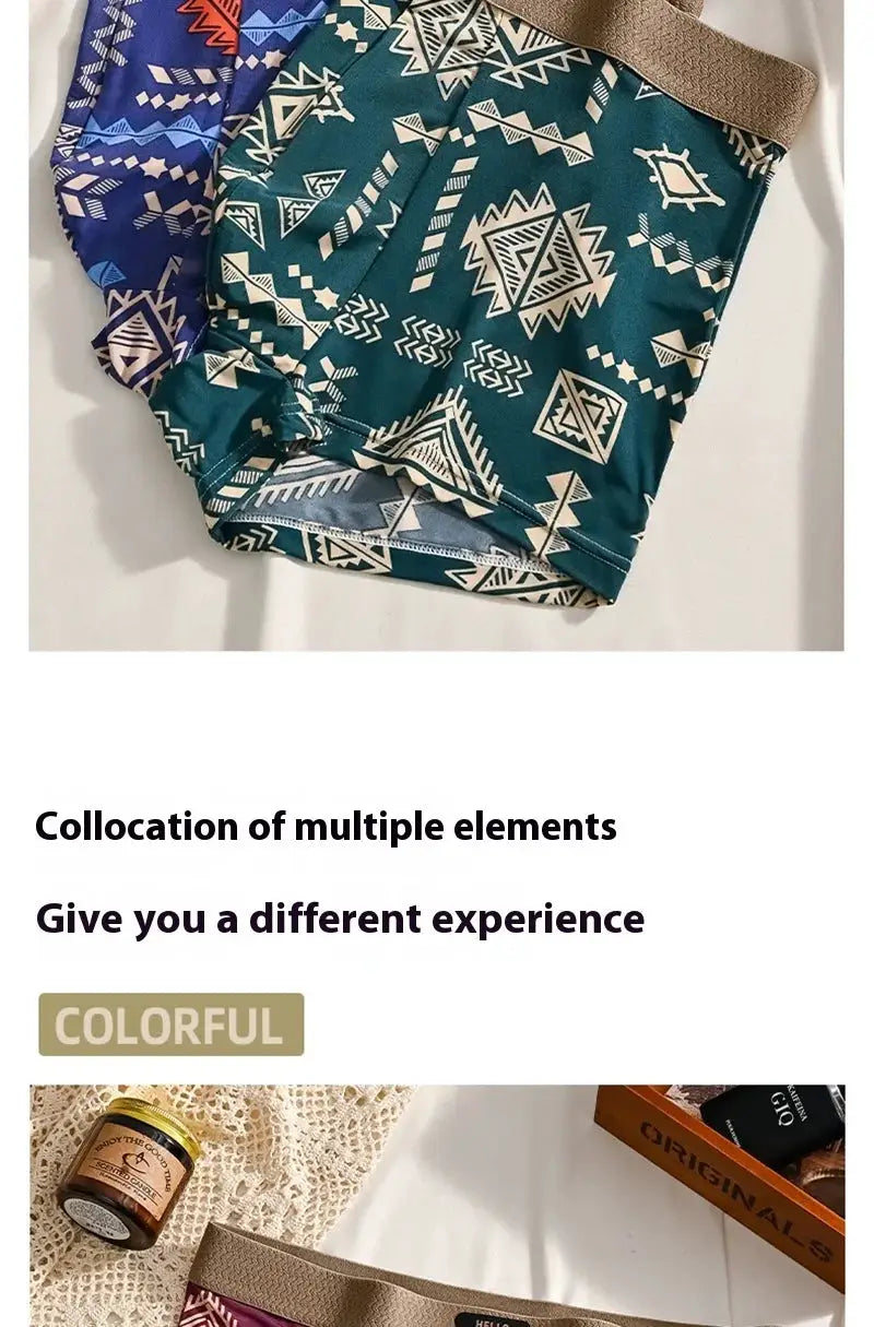 3Pcs boxer shorts men's underwear in ice silk, antibacterial breathable stretch, teal/blue geometric pattern, L-6XL