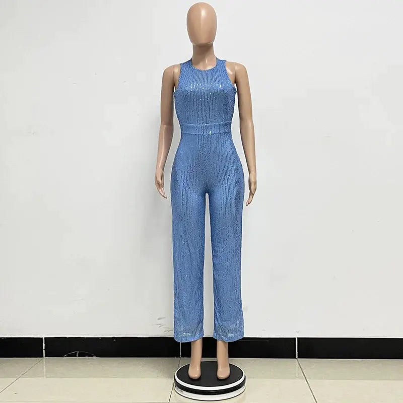 Sequin jumpsuit for women by Simples Market, blue sleeveless high-waisted, smooth fitted glamorous