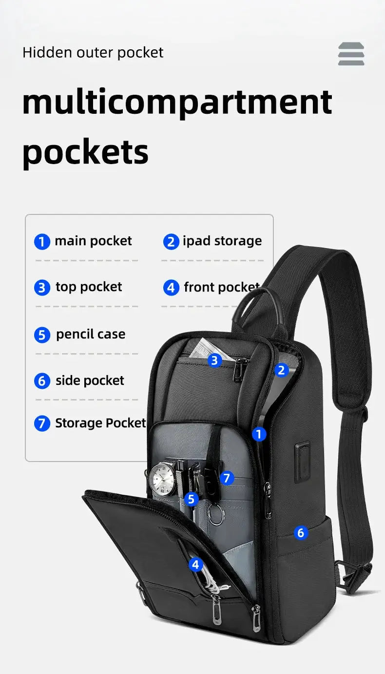 HK anti-theft men's shoulder bag, black waterproof crossbody with USB and multiple pockets by Simples Market