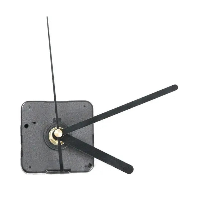 Clock mechanism with silent quartz movement and three black hands on square gray housing