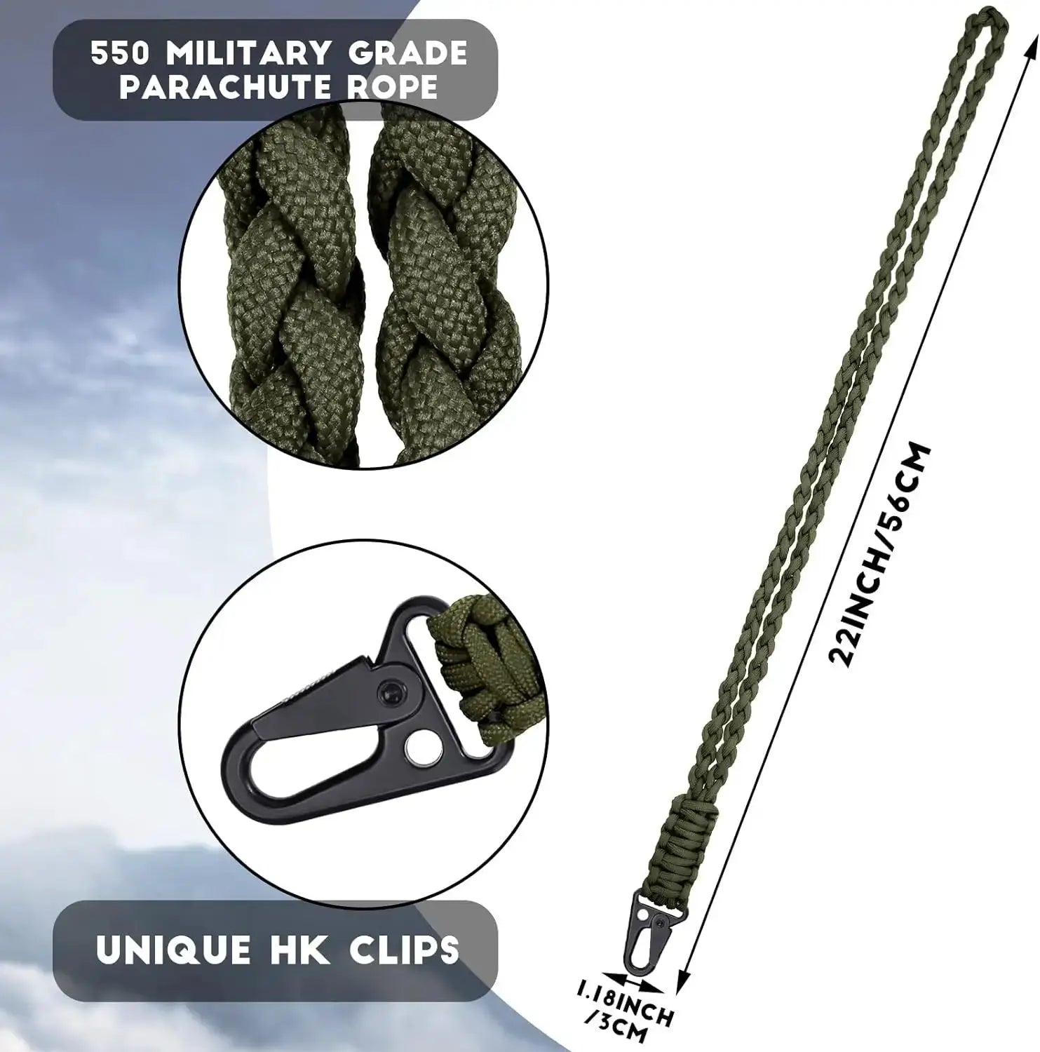 Heavy-duty paracord lanyard keychain in olive-green with braided 7-core rope and black HK clip by Simples Market.