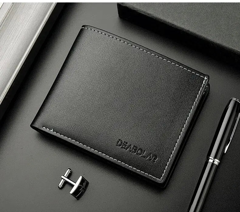 Black PU leather men's short slim wallet with white contrast stitching, compact bi-fold design for cards
