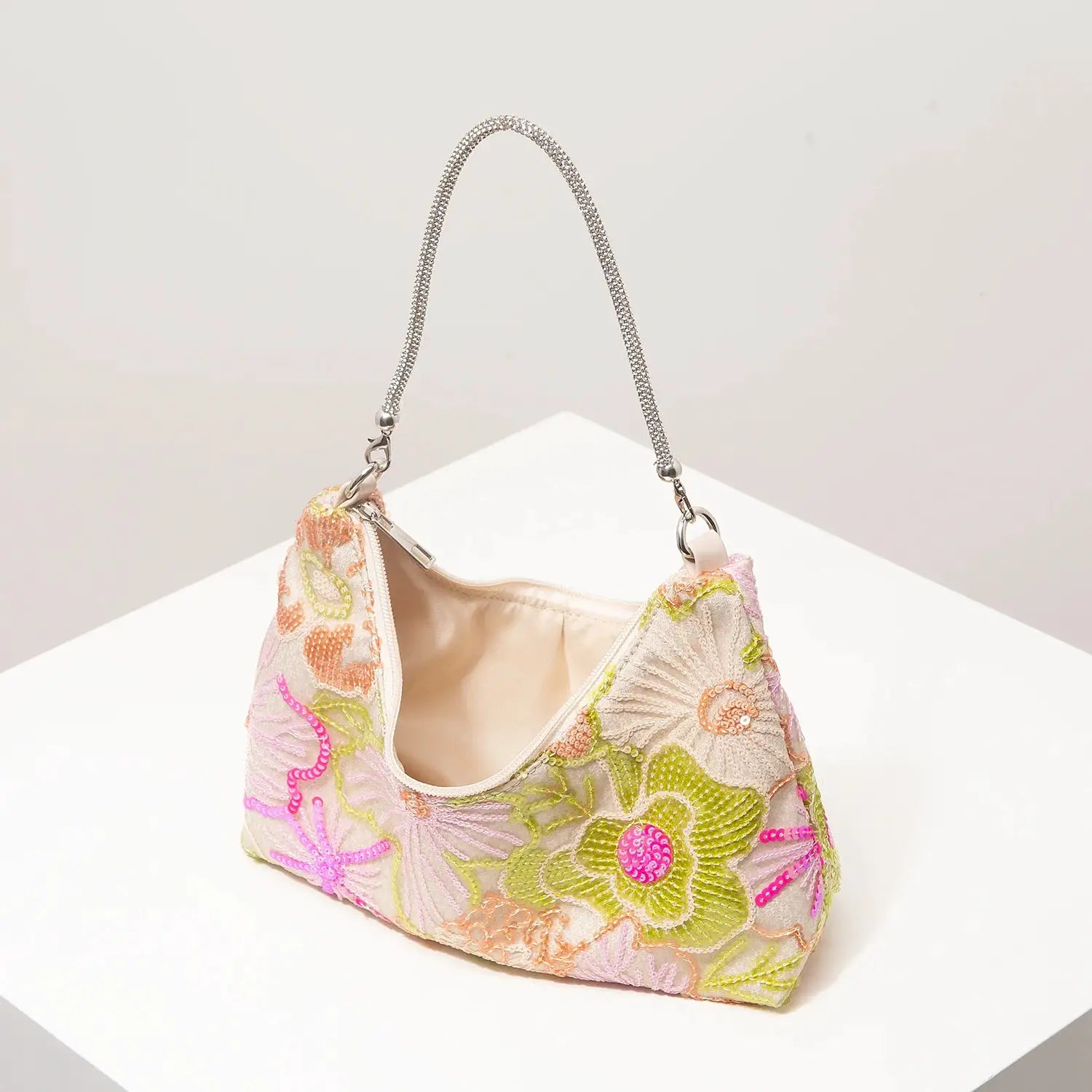 Shoulder bag with pastel floral embroidery and sequins, silver chain strap, Simples Market