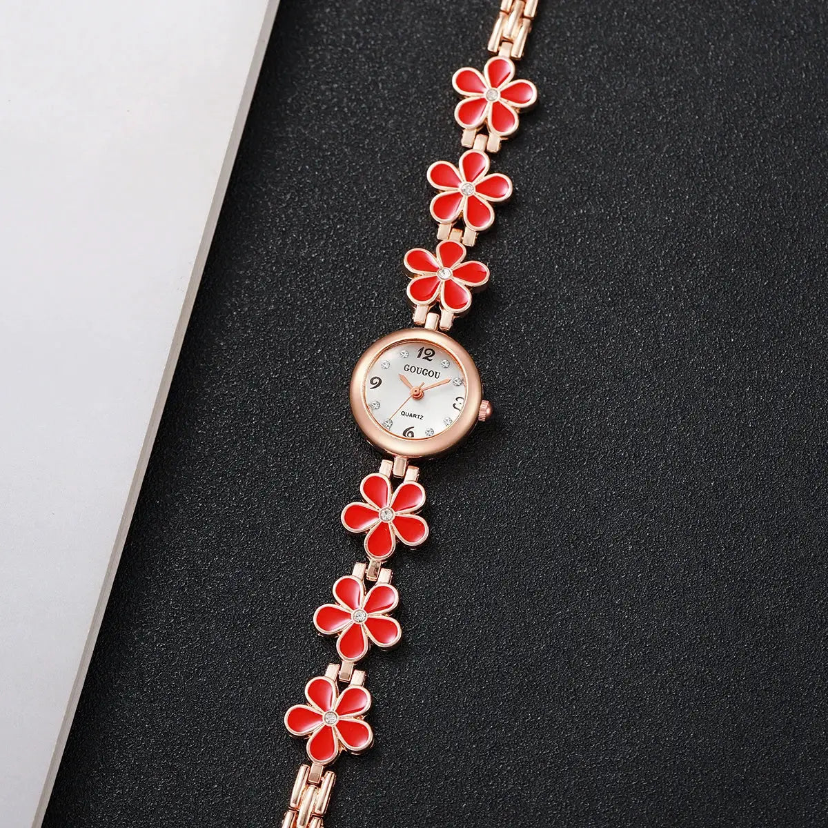 Wristwatch GOUGOU rose-gold for women with red enamel flower bracelet and crystal accents