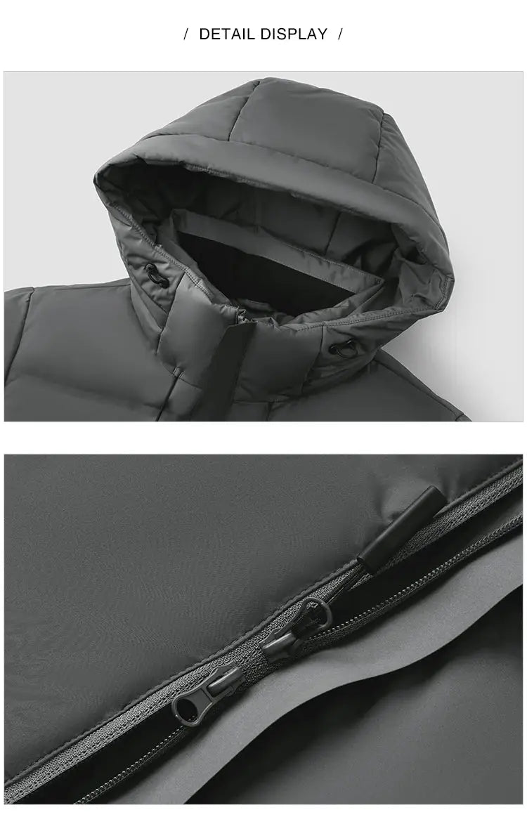 Semir men's gray down jacket with hood, long loose-fit puffer outerwear with dual-zip front.