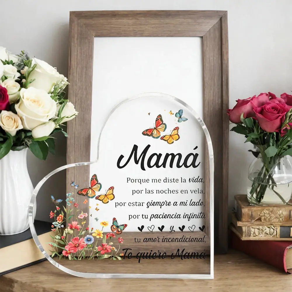Transparent heart-shaped acrylic gift plaque with colorful butterflies and flowers, Mamá message, Mother's Day keepsake.