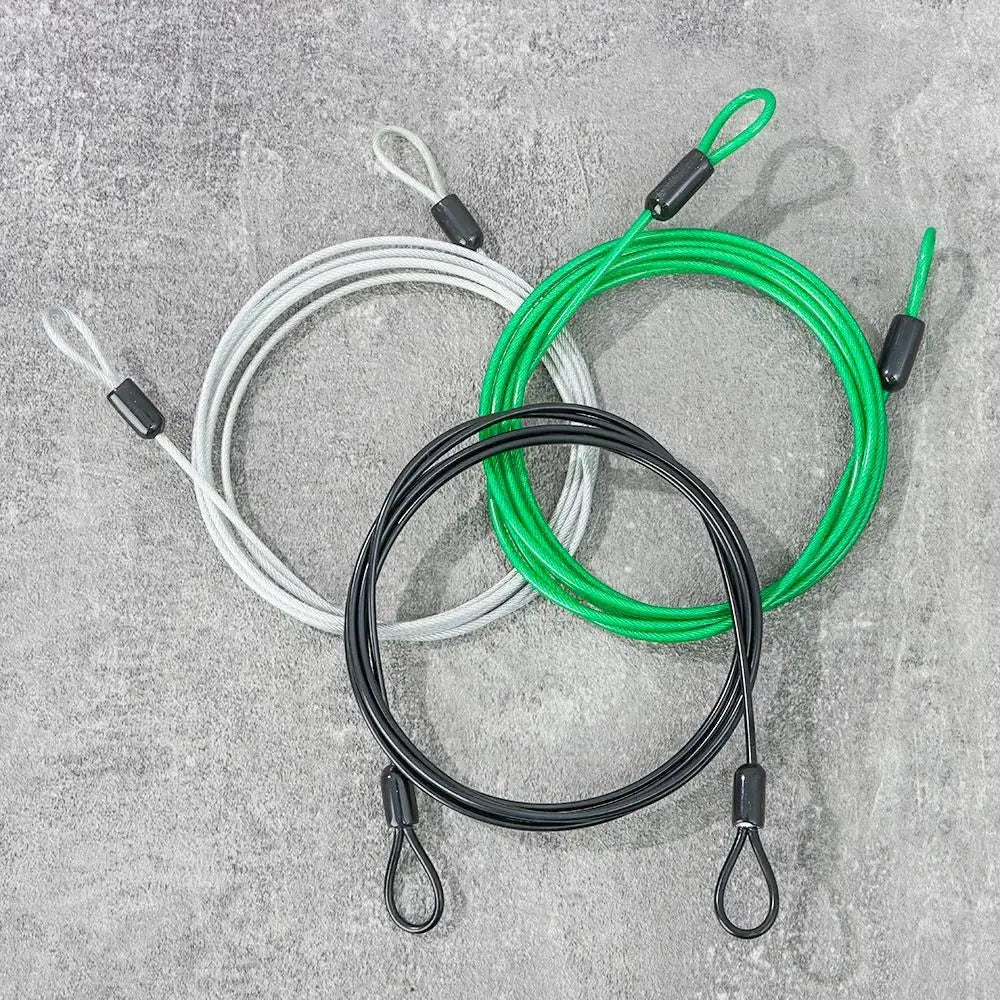 Bicycle steel cable lock set of three, 0.5/1/2 m lengths, white/green/black with looped ends