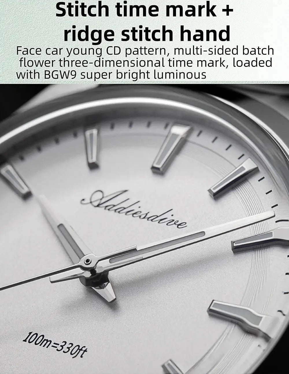 Addiesdive 36mm AD2066 men's watch, silver stainless steel case, 100m water resistant