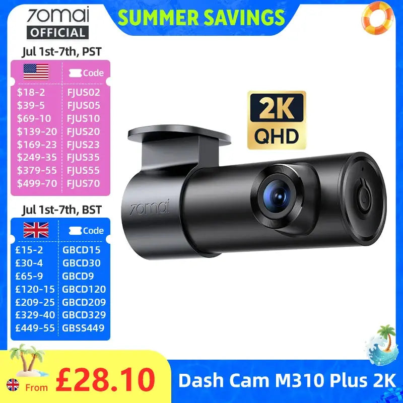 70mai M310 Plus 2K dash cam, black car DVR with 2K QHD lens