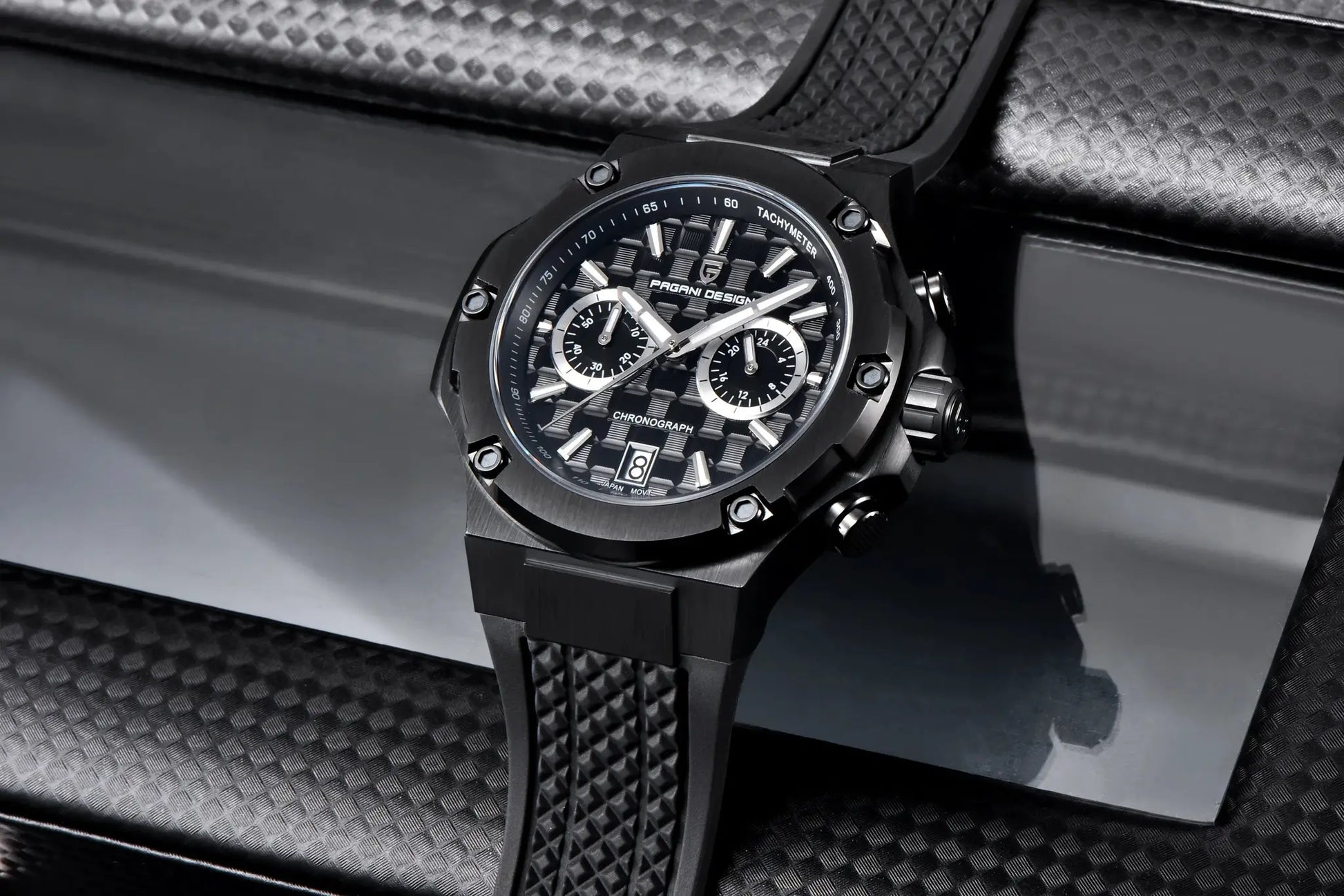 PAGANI DESIGN men's chronograph watch with black carbon-fiber dial and fluororubber strap