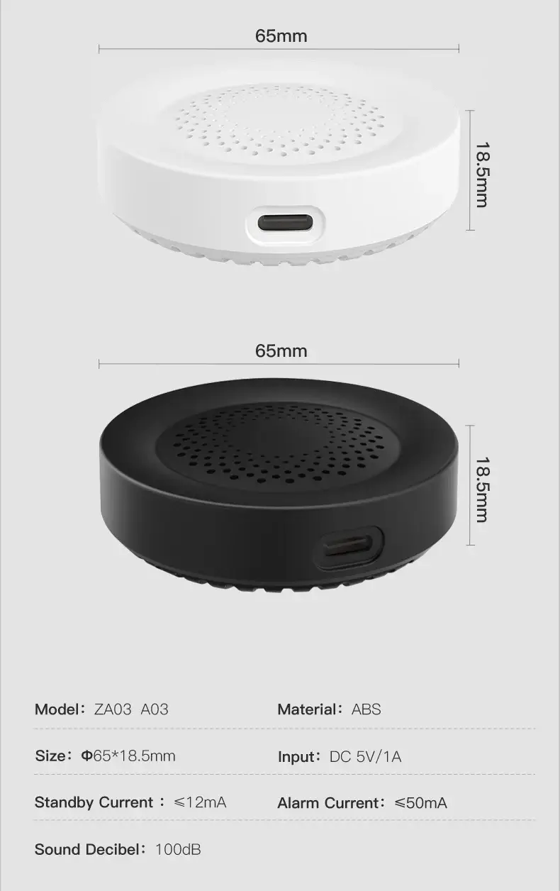 Tuya Zigbee WiFi Smart Siren Alarm by Simples Market, white or black circular 100dB speaker