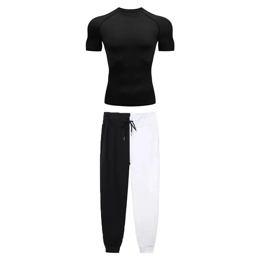 Two-piece Toji compression shirt set: black athletic tee and black/white color-block jogger pants